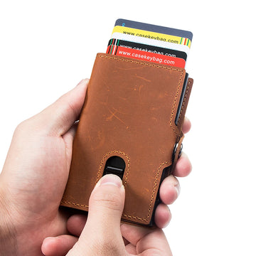 Xajzpa Men Wallets Real Cow Leahter Pop Up Business Credit Card Holder RFID Blocking Slim Smart Carbon Fiber Wallet with Pocket